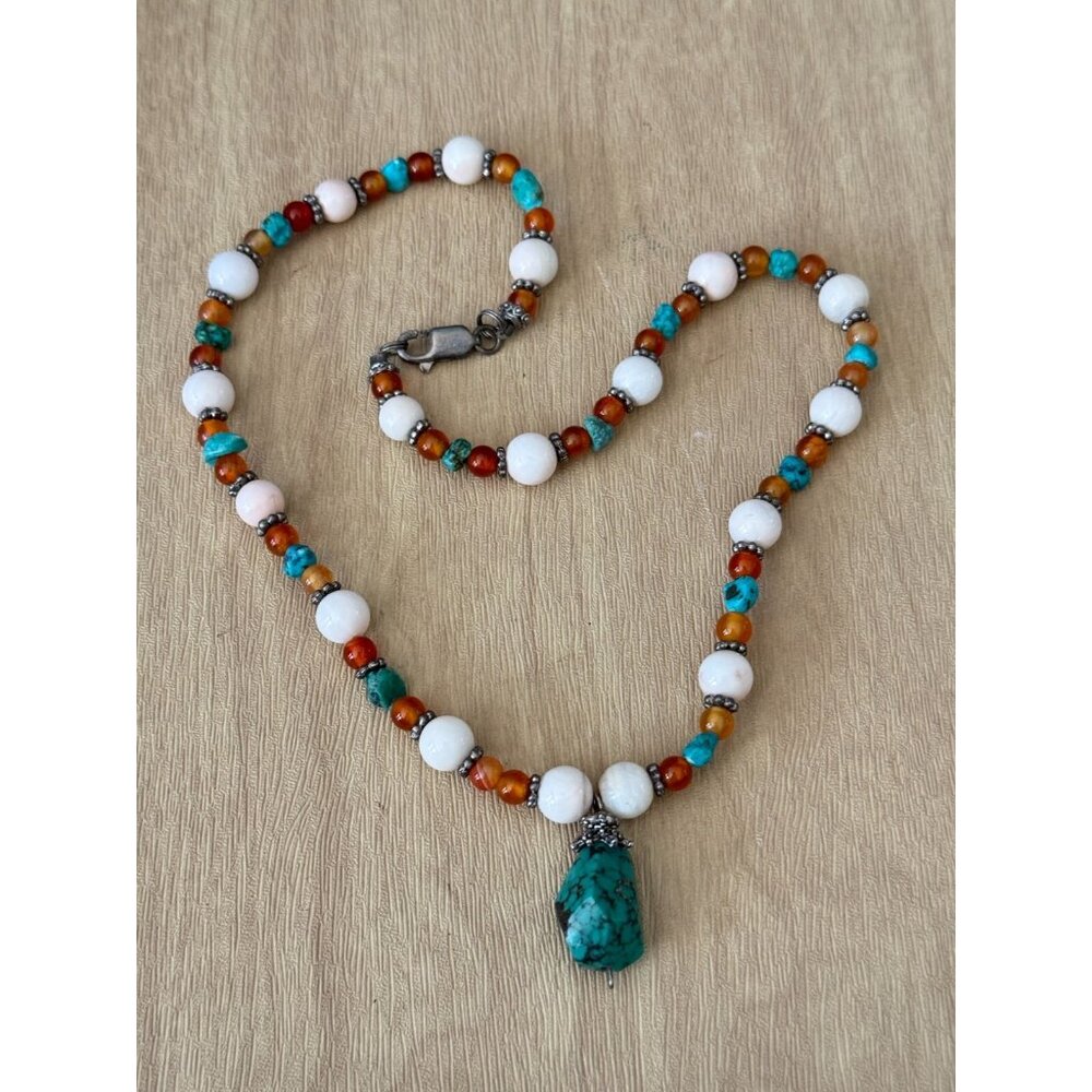 Vintage Tiger Eye Beaded Necklace Turquoise Pendant 32 Inches Stone Metal - Picture 9 of 11